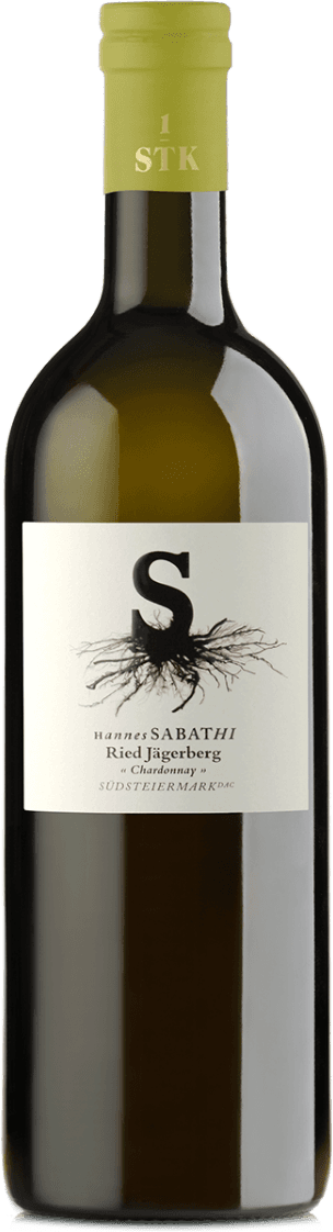 Weingut Hannes Sabathi - Ried Jägerberg, Chardonnay Het label toont een grote letter 'S' met daaronder een illustratie van wortels. De naam van de wijnmaker en de wijn zijn in kleinere letters weergegeven.
