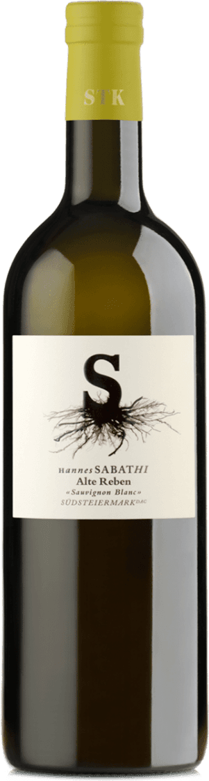 Südsteiermark DAC Alte Reben, Sauvignon Blanc Het label toont een grote letter 'S' met daaronder een illustratie van wortels. Onder de afbeelding staat de naam van de wijnmaker en de wijn in een elegante lettertype.