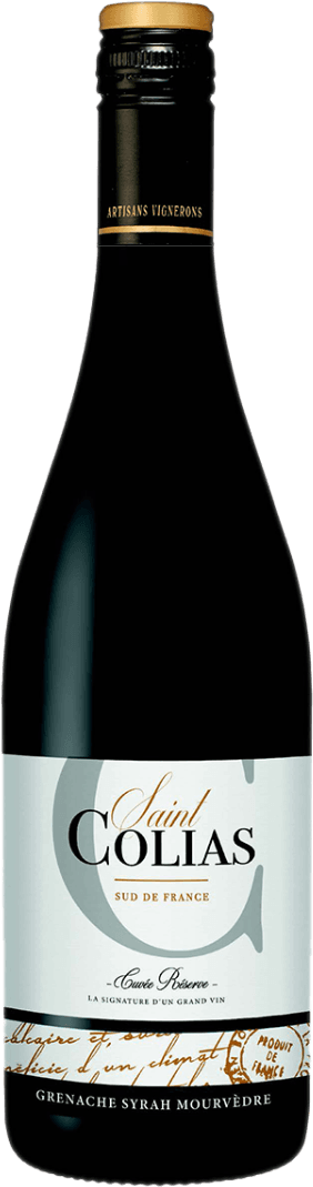 Saint Colias - Pays d'Oc IGP Grenache Syrah Mourvèdre 2022 Het label toont de naam 'Saint Colias' prominent in grote letters. Er is een grote letter 'C' op de achtergrond en er staat 'Sud de France' onder de naam. Het onderste deel van het label heeft een handgeschreven tekst in een scriptstijl.
