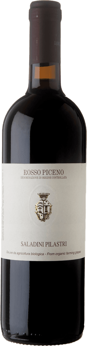 Saladini Pilastri - Rosso Piceno DOC BIO 2020 Het label is wit met een centraal geplaatst familiewapen. Boven het wapen staat de tekst 'ROSSO PICENO' in rood en daaronder kleinere tekst met de benaming van herkomst. Onder het wapen staat 'SALADINI PILASTRI' eveneens in rood.