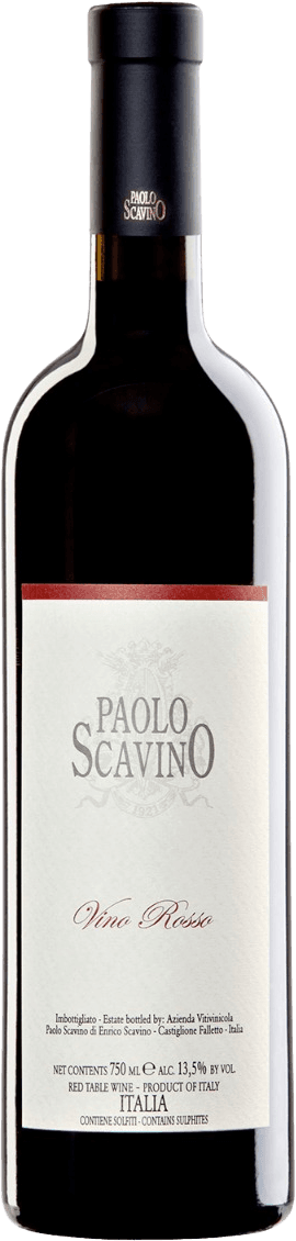 Tenuta Paolo Scavino - Vino Rosso da Tavola Het label is minimalistisch en elegant. Bovenaan staat de naam 'Paolo Scavino' in grote letters, met daaronder in sierlijke letters 'Vino Rosso'. Er is een subtiel familiewapen of embleem zichtbaar boven de naam. Het geheel heeft een klassieke uitstraling.