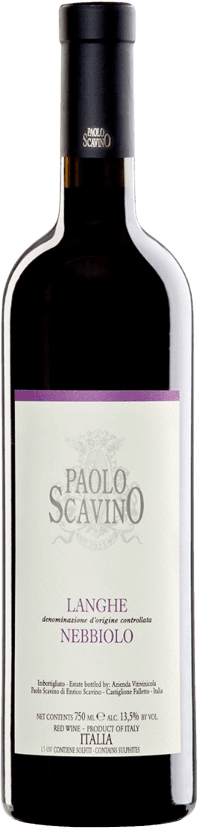 Tenuta Paolo Scavino - Langhe Nebbiolo DOC 2020 Het label is minimalistisch en traditioneel, met de naam 'Paolo Scavino' prominent in het midden. Boven de naam is een subtiele afbeelding van een familiewapen of embleem zichtbaar. De achtergrond is eenvoudig, waardoor de tekst goed opvalt.