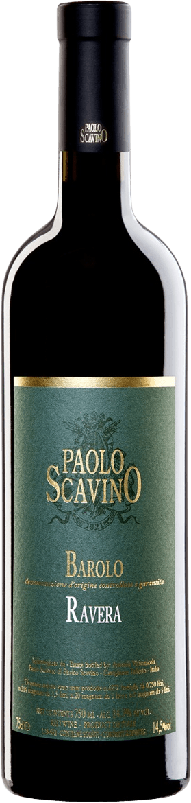 Tenuta Paolo Scavino - Barolo DOCG Ravera 2020 Het label is groen met gouden letters en een familiewapen bovenaan. De naam "Paolo Scavino" staat prominent in het midden, gevolgd door "Barolo" en "Ravera" eronder. Het ontwerp is vrij traditioneel met een klassieke uitstraling.