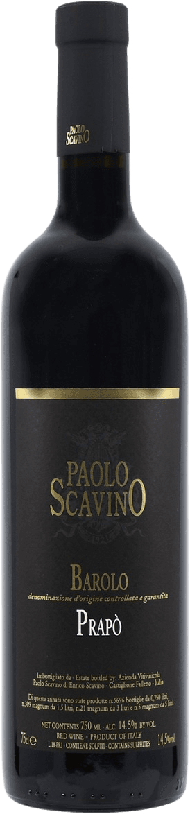 Barolo DOCG Prapò 2021 Het label is donker van kleur, met een gouden opdruk. De naam 'Paolo Scavino' staat prominent in grote gouden letters centraal op het label, met daaronder 'Barolo' en 'Prapò'. Er is een subtiel familiewapen zichtbaar als achtergrondmotief. Het ontwerp oogt klassiek en traditioneel zonder opvallende afbeeldingen of felle kleuren.