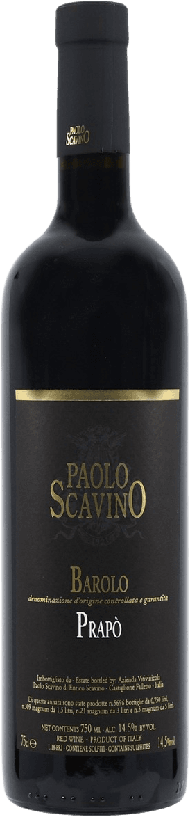 Tenuta Paolo Scavino - Barolo DOCG Prapò Het label is donker met gouden letters. Bovenaan staat 'Paolo Scavino' in grote letters, daaronder 'Barolo' en 'Prapò'. Er is een subtiel embleem of logo zichtbaar boven de tekst.