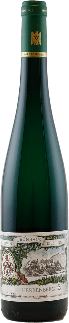 Schlossbockelheim Maximin Grünhaus Riesling Herrenberg trocken GG 2023 Het label toont een gedetailleerde tekening van een landschap met een gebouw of kasteel in het midden. Aan de linkerzijde is er een familiewapen of schild afgebeeld. De bovenkant van het label heeft decoratieve elementen die lijken op wijnranken.