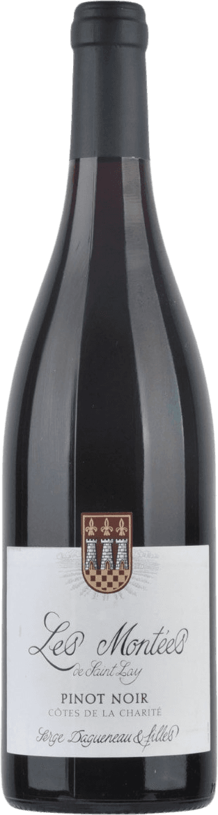 Domaine Serge Dagueneau et Filles - Côtes de la Charité IGP Les Montées de St.-Lay Pinot Noir Het label toont een familiewapen centraal bovenaan, met daaronder sierlijke letters in een klassieke stijl. Het ontwerp is eenvoudig en traditioneel, met weinig extra versieringen.