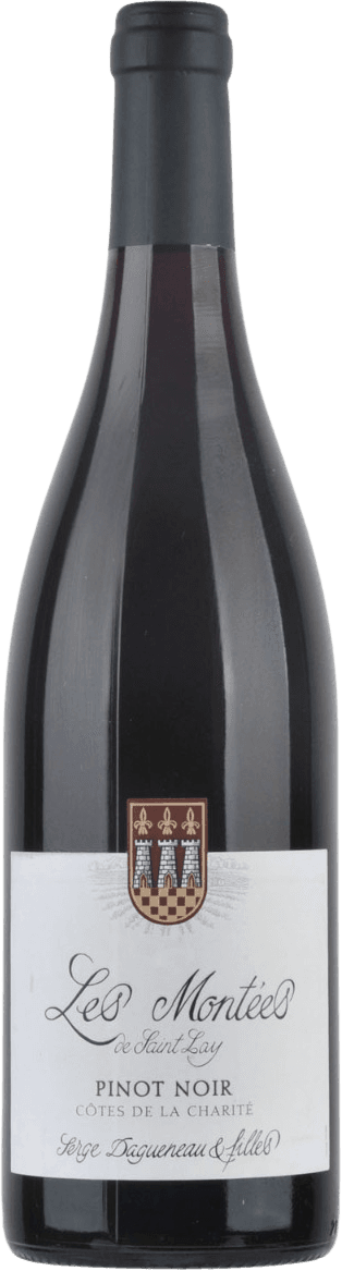 Domaine Serge Dagueneau et Filles - Côtes de la Charité IGP Les Montées de St.-Lay Pinot Noir Het label heeft een familiewapen in het midden bovenaan. Daaronder staat de tekst 'Les Montées de Saint Lay' in sierlijke letters. De achtergrond is wit en er is gebruik gemaakt van zwarte en gouden accenten.