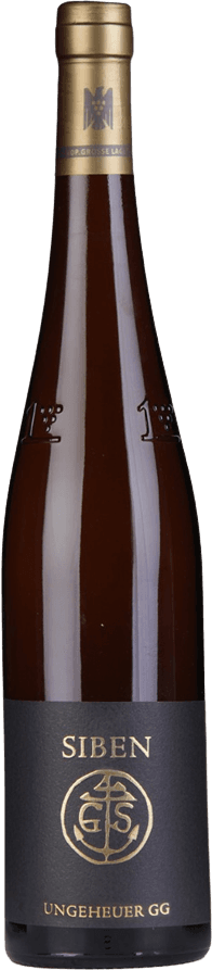 Ungeheuer Forst GG 2020 Het label is donker met gouden teksten en symbolen. Het heeft een minimalistische uitstraling met een centraal geplaatst embleem of logo in goudkleur.