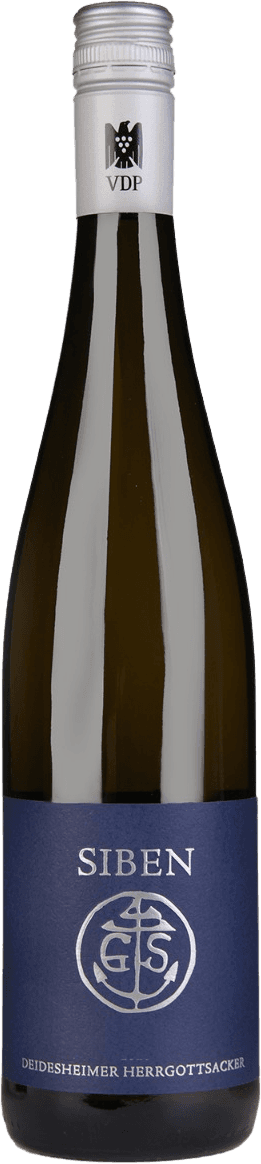 Herrgottsacker Deidesheimer Herrgottsacker halbtrocken Riesling 2023 Het label is donkerblauw met een groot wit logo in het midden. Boven het logo staat in grote letters 'SIBEN'. Onderaan het label staat de tekst 'DEIDESHEIMER HERRGOTTSACKER'. Het ontwerp is strak en minimalistisch.