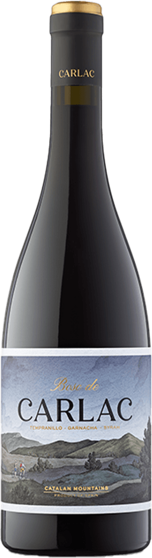 Costers del Sio - Costers del Segre DO Bosc Carlac Red BIO Het label toont een schilderachtige afbeelding van een landschap met bergen en bomen. Er zijn ook enkele mensen afgebeeld die wandelen in de natuur. Bovenaan staat de tekst 'Bosc de CARLAC' in grote letters, met daaronder de druivensoorten 'Tempranillo - Garnacha - Syrah'. Onderaan staat 'CATALAN MOUNTAINS' geschreven.