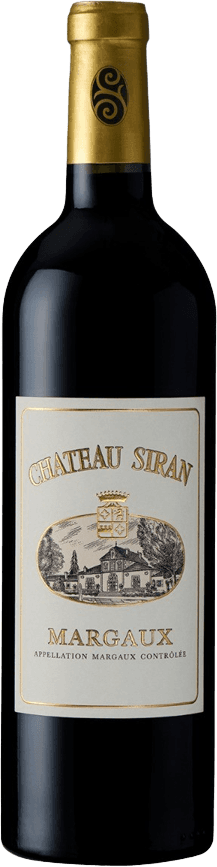 Château Siran - Château Siran Margaux AC CBE Het label toont een illustratie van een kasteel of landhuis met daarboven een familiewapen. De naam 'Château Siran' staat in grote letters bovenaan, en 'Margaux' onder de illustratie. Het geheel heeft een klassieke en traditionele uitstraling.