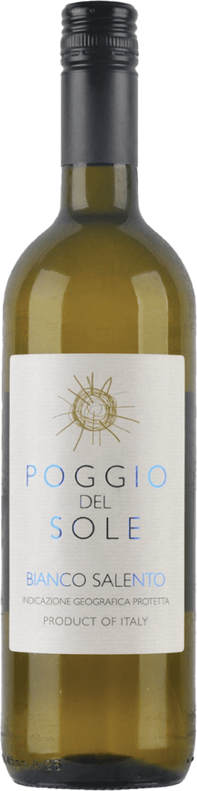 Salento IGP Bianco Het label is licht van kleur (wit/crèmekleurig) met een minimalistische uitstraling. Bovenaan staat een goudkleurige tekening van een zon, met daaronder de tekst 'POGGIO DEL SOLE' in een combinatie van zwarte en lichtblauwe letters. De rest van de tekst is in kleinere, grijze en blauwe letters. Het geheel oogt strak en modern, met een focus op eenvoud en een lichte hint naar het zonnige karakter van de wijn door de zontekening.