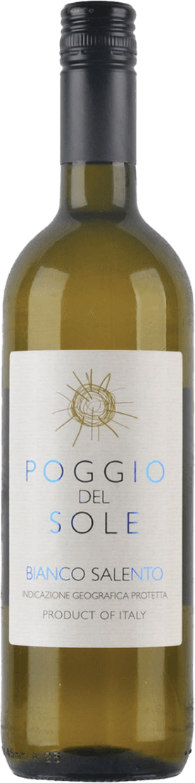 SOLE - Poggio del Sole, Salento IGP Bianco Het label toont een gestileerde zon in goudkleur boven de tekst 'Poggio del Sole'. De tekst is in verschillende kleuren, waaronder blauw en zwart, op een witte achtergrond.