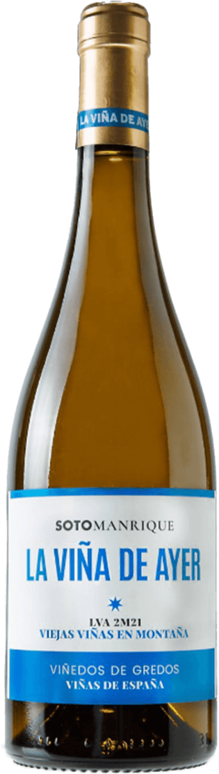 La Viña de Ayer Albillo Real Blanco 2023 Het label is strak en minimalistisch vormgegeven met een witte achtergrond. Er staat in grote blauwe hoofdletters 'LA VIÑA DE AYER' prominent op het midden van het label, met kleinere zwarte en blauwe tekst erboven en eronder. Onderaan loopt een opvallende blauwe balk horizontaal over het label, waarin extra informatie in witte letters is gedrukt. In het midden onder de titel staat een klein stervormig symbool. Het geheel oogt modern maar eenvoudig.