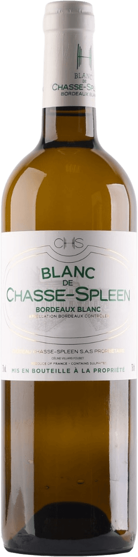 Château Chasse-Spleen - Bordeaux AC 2021 wit Het label is wit met groene en gouden accenten. Bovenaan staat 'CHS' in een cirkelvormig logo. Daaronder staat in grote, groene letters 'BLANC DE CHASSE-SPLEEN'. Verder naar beneden staan kleinere teksten met informatie over de wijn zoals 'BORDEAUX BLANC', 'APPELLATION BORDEAUX CONTROLEE', en producentinformatie.