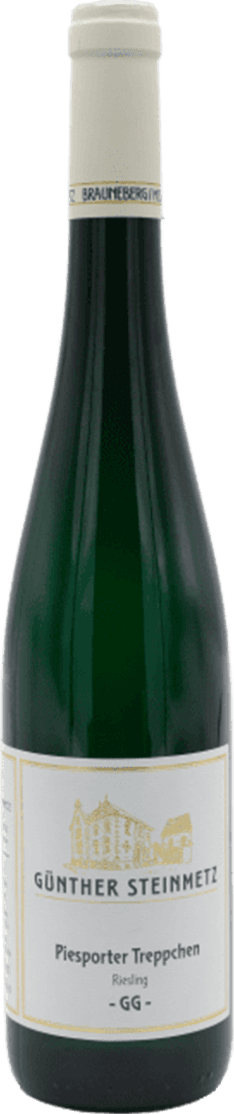 Günther Steinmetz - Piesporter Treppchen GG Riesling Het label toont een tekening van een gebouw, mogelijk een wijnhuis, in een traditionele stijl. De naam van de producent en de wijn zijn prominent aanwezig.