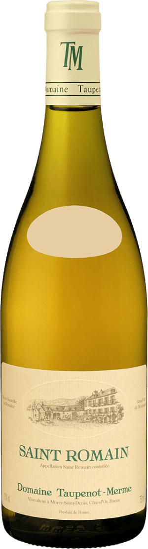 Het label toont een klassieke, minimalistische stijl met een gedetailleerde tekening van een wijndomein of huis centraal boven de naam 'Saint Romain'. De kleuren zijn ingetogen en traditioneel. Het geheel straalt elegantie en traditie uit.