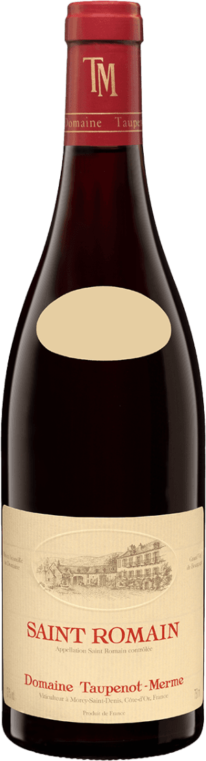 Het label toont een traditionele, beige achtergrond met een gedetailleerde tekening van een klassiek wijnhuis of kasteel in het midden. De naam 'Saint Romain' staat prominent in rode letters onder de tekening. Onderaan het label staat de producent 'Domaine Taupenot-Merme'. Het geheel oogt klassiek en ingetogen.