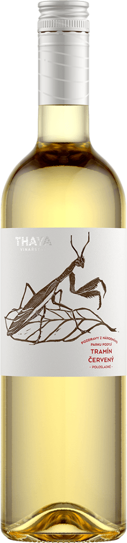 Vinarstvi Thaya - Gewürztraminer, Greetings from National Park Het label toont een tekening van een bidsprinkhaan op een abstracte achtergrond. De tekening is minimalistisch en in donkere lijnen uitgevoerd. Er is ook tekst aanwezig op het label in verschillende kleuren.