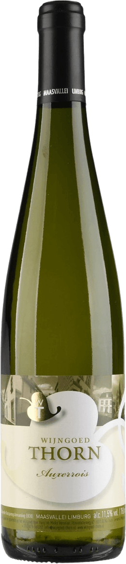 Wijngoed Thorn - Maasvallei BOB Auxerrois Het label van de wijnfles toont een afbeelding van een traditioneel gebouw of kasteel, met daaronder de tekst 'WIJNGOED THORN Auxerrois'. Het ontwerp is elegant en heeft een klassieke uitstraling.