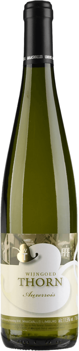 Wijngoed Thorn - Maasvallei BOB Auxerrois Het label toont een minimalistisch ontwerp met de naam 'Wijngoed Thorn' en 'Auxerrois' in elegante letters. Er is een subtiele afbeelding van een gebouw of kasteel op de achtergrond.