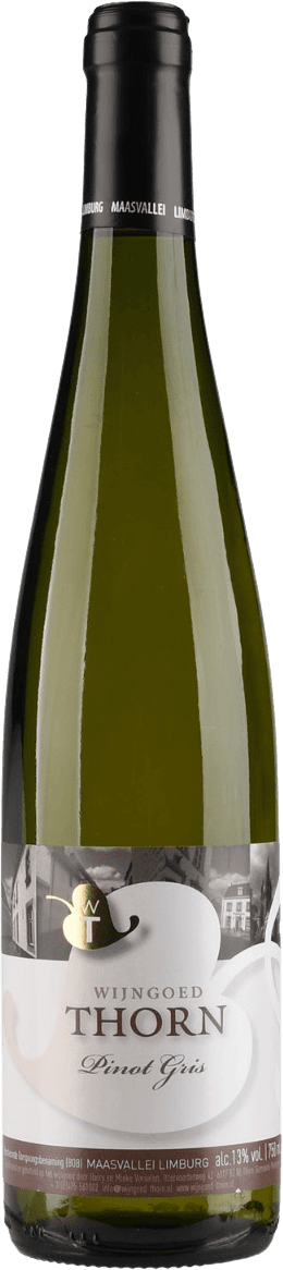 Wijngoed Thorn - Maasvallei BOB Pinot Gris 2023 Het label toont een gestileerde afbeelding van een landschap of gebouw, met de tekst 'Wijngoed Thorn' en 'Pinot Gris'. Er zijn geen opvallende afbeeldingen van dieren, fruit, bloemen of gezichten. Het ontwerp is vrij traditioneel.
