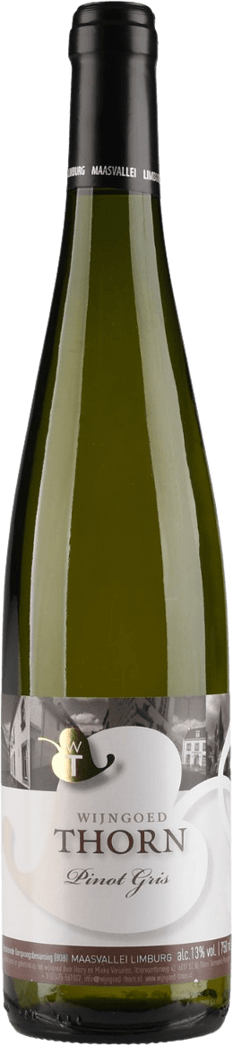Wijngoed Thorn - Maasvallei BOB Pinot Gris Het label toont een afbeelding van een stad of dorp met gebouwen en heeft een elegante uitstraling met een goudkleurig element dat lijkt op een logo.