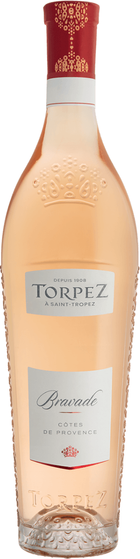 Les Vignobles Torpez - Côtes de Provence AOP Bravade Het label toont de naam 'Torpez' met daaronder 'Bravade' en 'Côtes de Provence'. Er is een kroontje afgebeeld onderaan het label.