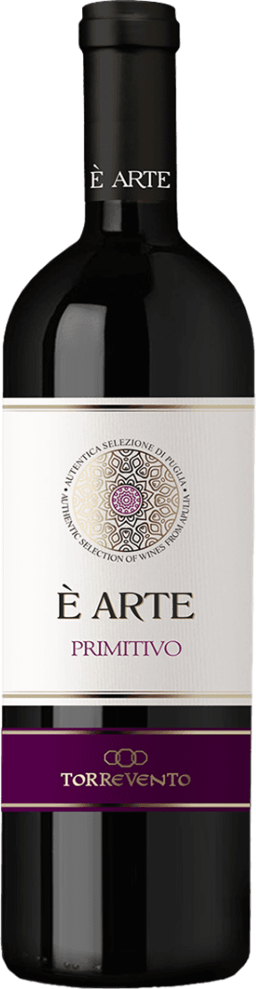 Cantine Torrevento - Puglia IGT È Arte Primitivo Het label heeft een centraal, decoratief embleem met geometrische patronen in het midden. Daaronder staan de woorden 'È ARTE' en 'PRIMITIVO'. Het onderste deel van het label is paars met de tekst 'TORREVENTO'.