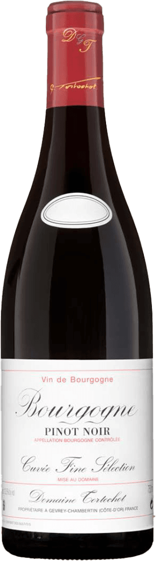 Domaine Tortochot - Bourgogne AC Pinot Noir, Fine Selection BIO Het label is klassiek en traditioneel vormgegeven, met een witte achtergrond en sierlijke zwarte en rode letters. Er zijn geen afbeeldingen of illustraties aanwezig, alleen tekst in verschillende lettertypes. Bovenaan staat 'Vin de Bourgogne', centraal groot 'Bourgogne' met daaronder 'Pinot Noir' en andere details over de wijn. Het geheel straalt eenvoud en traditie uit.
