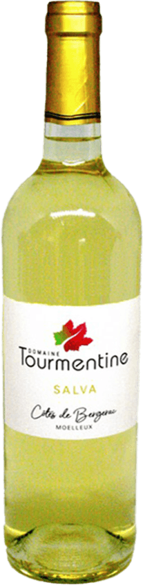 Château Tourmentine - Côtes de Bergerac AC Moelleux BIO Het label toont de tekst 'Domaine Tourmentine' met daaronder 'Salva Côtes de Bergerac Moelleux'. Er is een afbeelding van een rood en groen blad boven de tekst. Het ontwerp is vrij eenvoudig en strak.