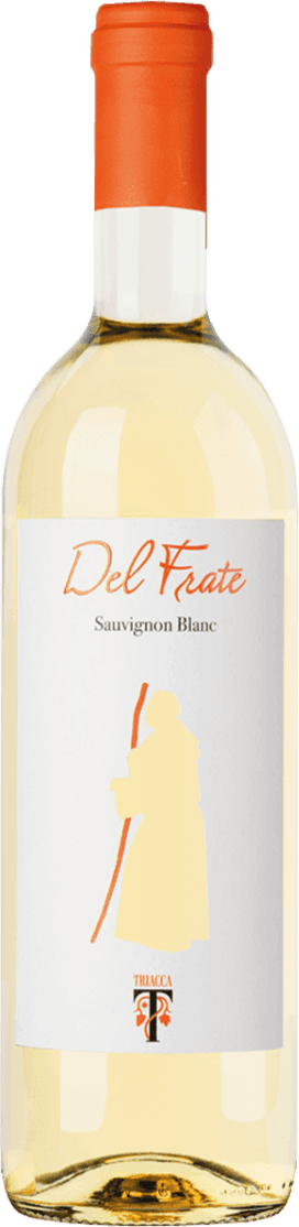 TRIA - Alpi Retiche IGT Del Frate, Sauvignon Blanc Het label toont de naam 'Del Frate Sauvignon Blanc' in oranje letters met een silhouet van een persoon met een staf. Onderaan staat het logo van Triacca.