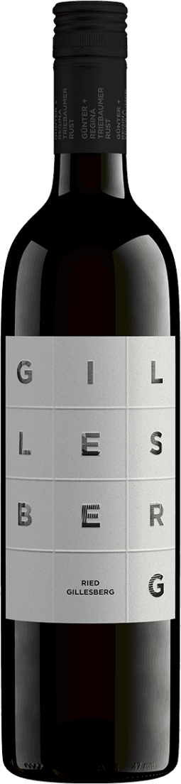 Weingut Triebaumer - Ruster DAC Ried Gillesberg Cabernet Franc 2020 Het label is minimalistisch en bestaat uit een raster van vierkanten met daarin de letters 'GILLESBERG'. De achtergrond is lichtgrijs en de letters zijn zwart. Er is geen afbeelding of illustratie aanwezig, alleen tekst.