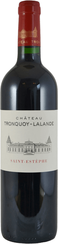 Château Tronquoy-Lalande - Saint Estèphe AC 2022 Het label toont een gedetailleerde tekening van een kasteel of wijnhuis, met de naam 'Château Tronquoy-Lalande' erboven in grote letters en 'Saint-Estèphe' eronder.