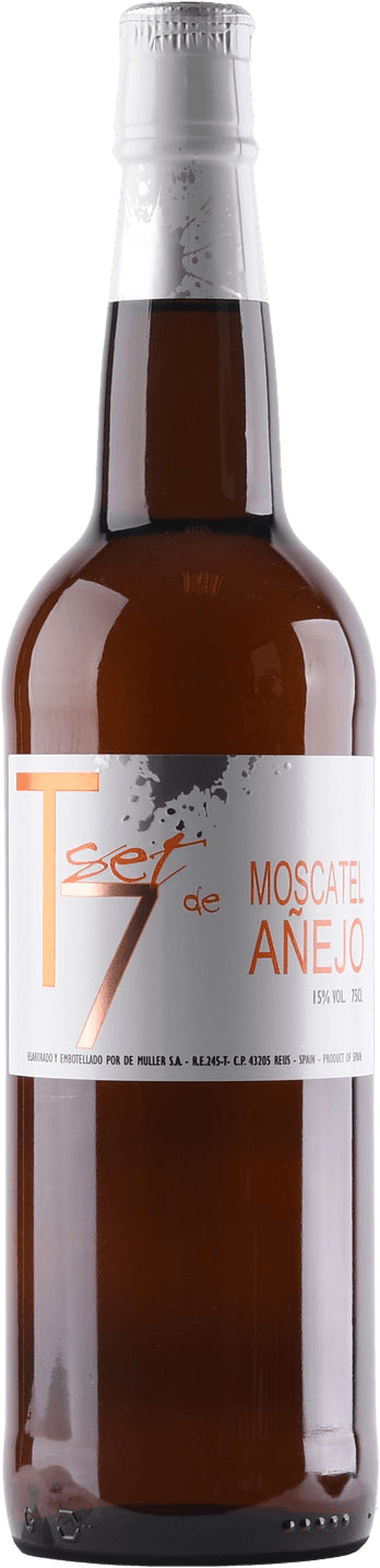 T Set - Moscatel Anejo Het label heeft een minimalistisch ontwerp met grote letters. Er is een prominente 'T' in het ontwerp verwerkt, samen met de tekst 'set de MOSCATEL AÑEJO'. Het geheel heeft een moderne en strakke uitstraling.