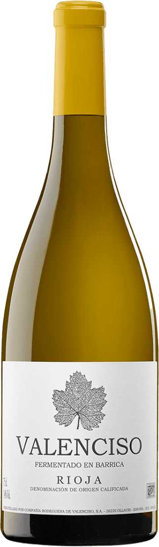 Valenciso - Rioja DOCa White Barrel Fermented 2022 Het label is wit met een minimalistische uitstraling. In het midden staat een gedetailleerde tekening van een wijnblad. Daaronder staat de naam 'VALENCISO' in grote, duidelijke letters. De rest van de tekst is kleiner en informeert over het type wijn en herkomst. Het ontwerp oogt klassiek en rustig.