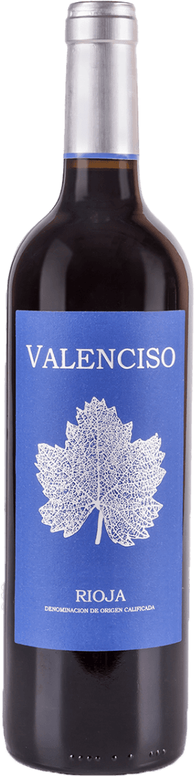 Valenciso - Rioja DOC Reserva Het label toont een witte afbeelding van een wijnblad op een blauwe achtergrond. Boven het blad staat de naam 'VALENCISO' in grote witte letters en onderaan het blad staat 'RIOJA' met kleinere tekst daaronder.