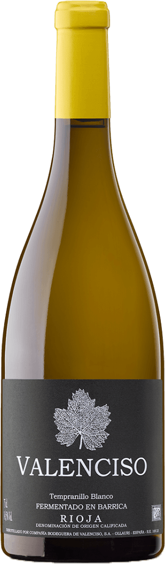 Valenciso - Rioja DOC Tempranillo Blanco Barrica Het label toont een grote, gedetailleerde afbeelding van een wijnblad in het midden. De achtergrond is donker en er is witte tekst met de naam 'VALENCISO' prominent weergegeven.