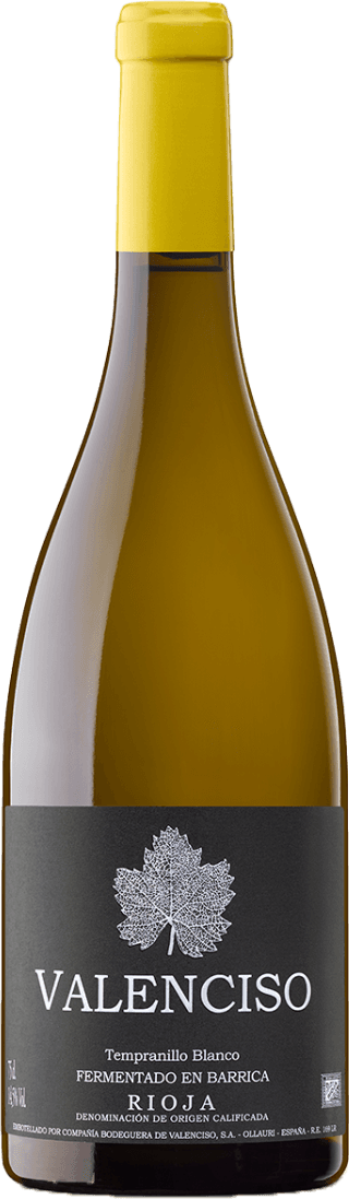Valenciso - Rioja DOCa Tempranillo Blanco Barrica 2024 Het label is zwart met een witte tekening van een druivenblad in het midden. Daaronder staat in grote witte letters de naam 'VALENCISO'. Verderop onderaan het label staat in kleinere witte letters informatie over de wijn, zoals 'Tempranillo Blanco', 'Fermentado en Barrica' en 'Rioja'. Het ontwerp is strak, minimalistisch en klassiek, met een duidelijke focus op eenvoud en elegantie.