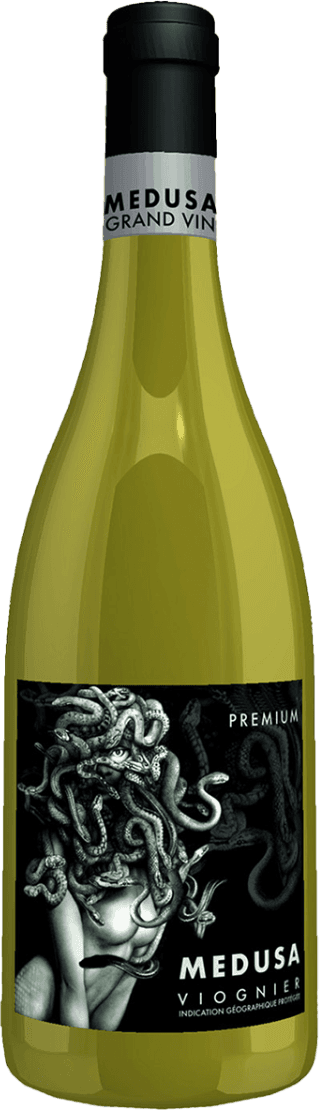 Vignobles Vellas - Medusa Viognier Het label toont een afbeelding van Medusa, een mythologisch figuur met slangen in plaats van haar. De stijl is donker en mysterieus met de focus op het gezicht en de slangen.