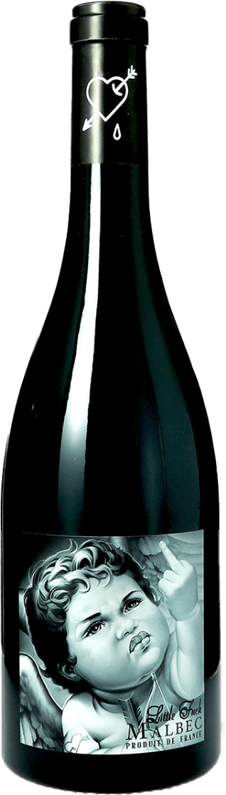 Vignobles Vellas - Cahors AC Little Fuck The label features a black and white artistic depiction of a cherub or angelic child with curly hair, holding up its middle finger. The text 'Little Fuck' and 'Malbec' are prominently displayed at the bottom.