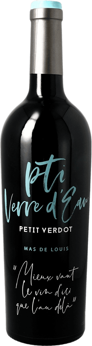 Mas de Louis - VdF P'ti Verre d'Eau Het label toont grote, artistieke letters in een handgeschreven stijl. De tekst is prominent aanwezig en er zijn geen afbeeldingen of illustraties te zien.