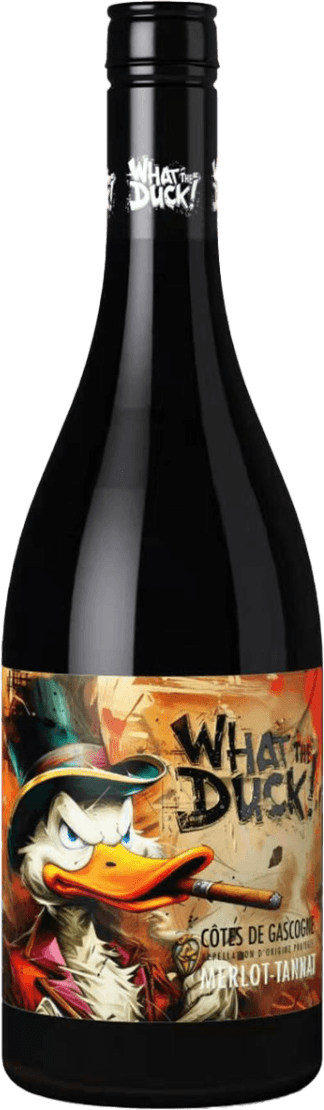 Vignobles Vellas - What the Duck Merlot - Tannat 2023 Het label toont een getekende, stoere eend met een hoed en sigaar, in een kleurrijke, stripachtige stijl. De achtergrond is dynamisch met spatten en graffiti-achtige elementen. De naam 'What the Duck!' staat groot en speels op het label.