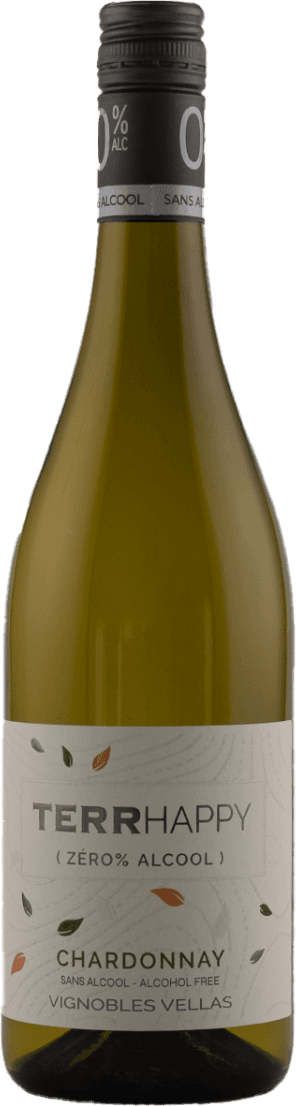 Vignobles Vellas - Terre Happy, Alcoholvrij 0% Het label toont de merknaam 'TERRHAPPY' met de tekst 'Zéro% Alcool'. Er zijn kleine bladeren in verschillende kleuren afgebeeld, wat een natuurlijke en frisse uitstraling geeft.