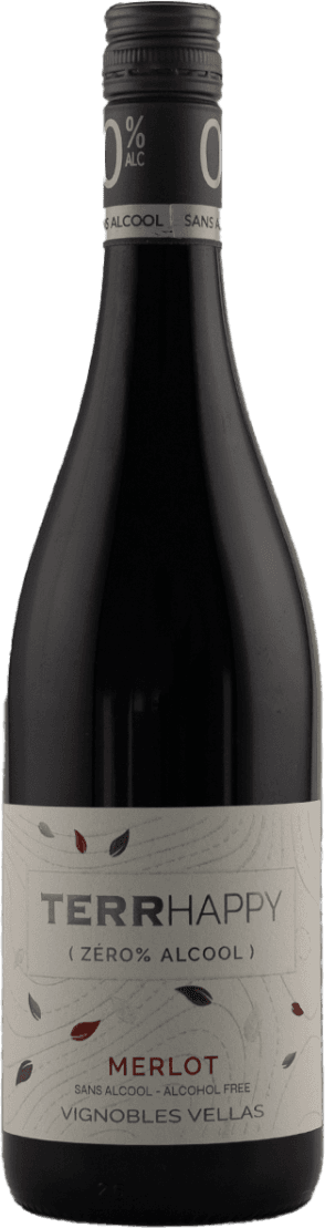 Vignobles Vellas - Terre Happy, Alcoholvrij 0% Het label toont de merknaam 'TerrHappy' in grote letters. Er zijn kleine illustraties van bladeren in verschillende kleuren rondom de tekst. De stijl is minimalistisch en modern.