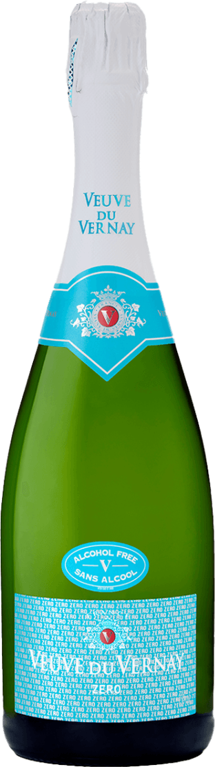 Vin Mousseux Brut Zero alcohol <0.5% Alc. Het label van de wijnfles toont een patroon van herhalende tekst met de woorden 'ZERO' en 'VEUVE DU VERNAY'. Er is een centraal embleem met decoratieve elementen bovenaan het label. Het ontwerp heeft een moderne uitstraling met strakke lijnen.