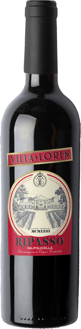 Villa Loren - Valpolicella DOC Ripasso Het label van de wijnfles toont een traditioneel ontwerp met een afbeelding van een statig gebouw of kasteel in het midden. Bovenaan staat de naam 'Villa Loren' in grote letters op een rood vlak, wat contrasteert met de rest van het label. Onderaan is 'Ripasso Valpolicella' te lezen, ook in duidelijke letters.