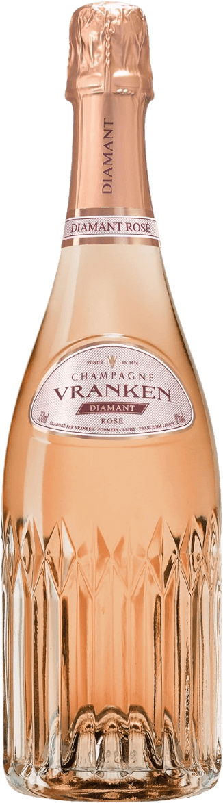 Champagne Vranken - Champagne AC Cuvée Diamant Rosé Het label is ovaalvormig en heeft een roze achtergrond met een patroon van fijne lijnen. In het midden staat de tekst 'Champagne Vranken Diamant Rosé' in elegante letters. Er is ook een klein embleem boven de tekst.