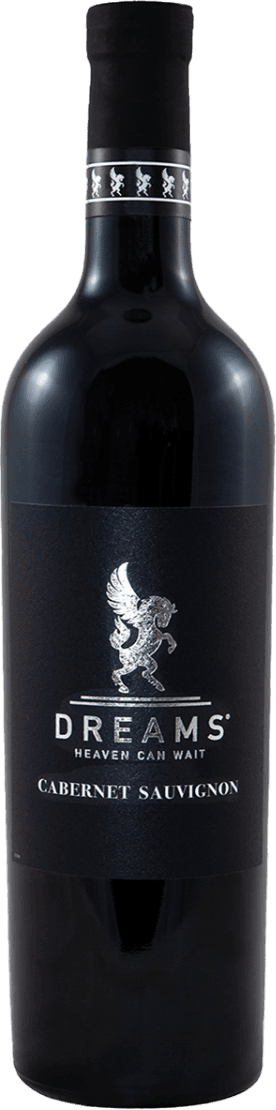 Dreams - Heaven can wait, Cabernet Sauvignon 2021 Het label toont een zilveren afbeelding van een gevleugeld wezen, mogelijk een engel of mythologisch figuur, boven de merknaam 'DREAMS'. Onder de merknaam staat in kleinere letters 'HEAVEN CAN WAIT' en daaronder 'CABERNET SAUVIGNON'. Het geheel is strak en minimalistisch vormgegeven.